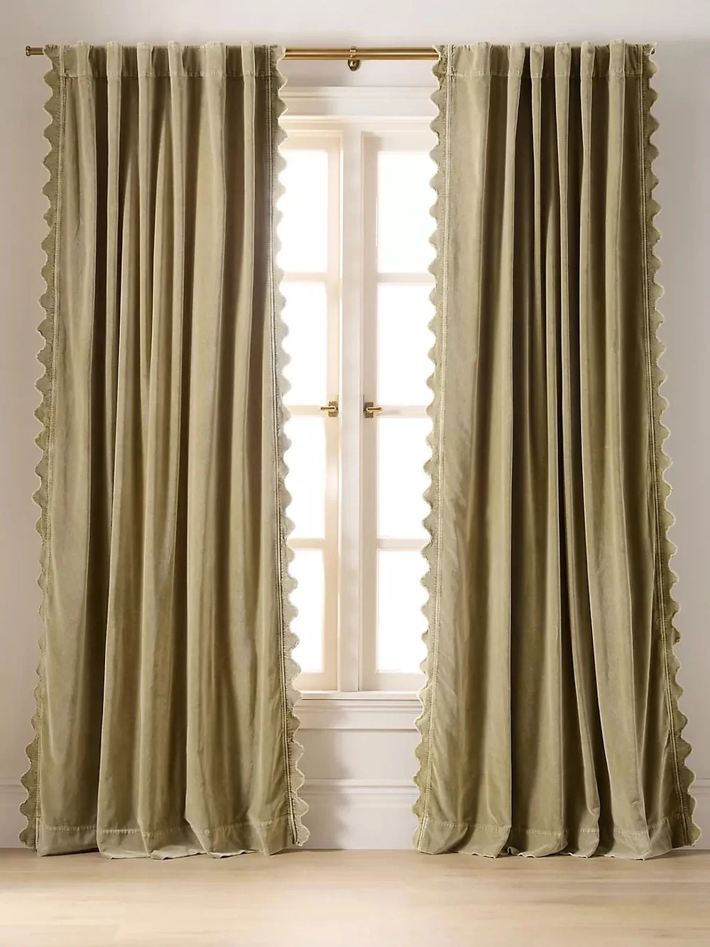 Anthropologie Olive Trova Velvet Scalloped-Edge Curtain Panel